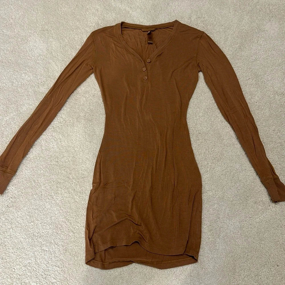 SKIMS Sleep Henley Dress in Camel - Picture 2 of 4